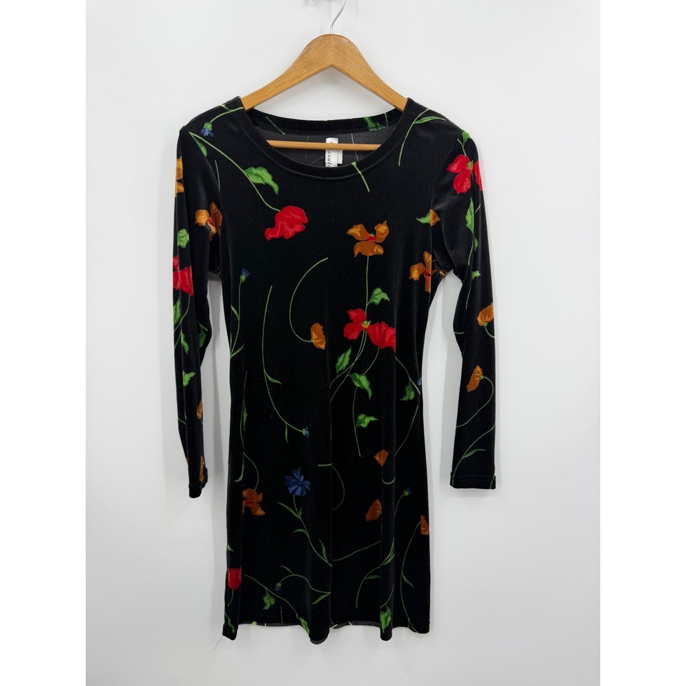 Tessuto Liquid Velvet Floral Mini Dress Womens Medium Black Long Sleeve Vintage